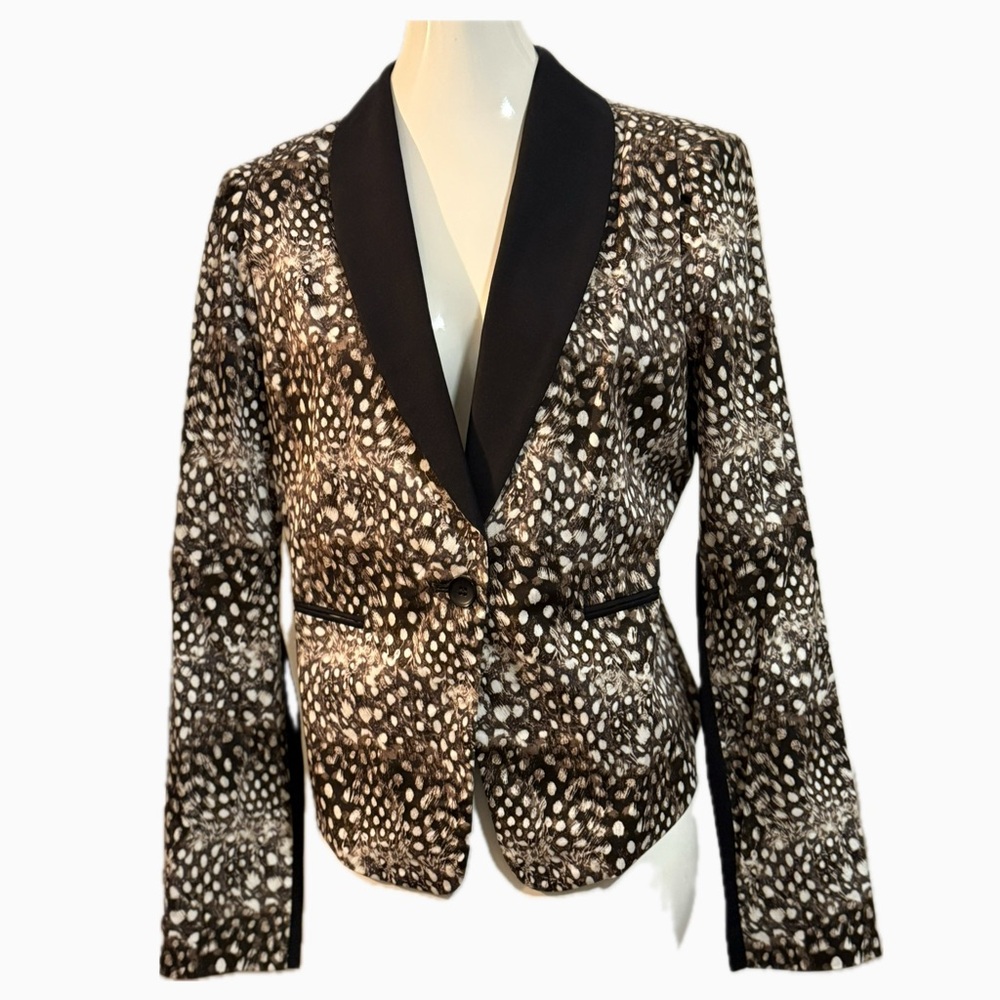 BCBGMaxAzria Bowie Black Lapel Camel/Brown and White Patterned Blazer